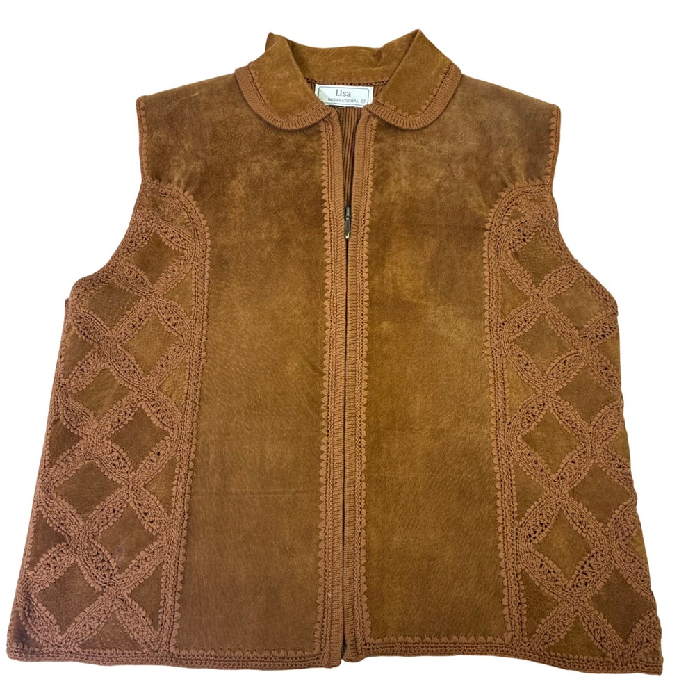 Lisa International Suede Knit Vest Womens XL Brown Crochet Zip Front Vintage 70s - Picture 5 of 13